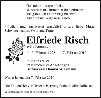 Traueranzeige von Elfriede Risch (geb. Flemming)  von Magdeburger Volksstimme