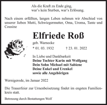 Traueranzeige von Elfriede Roß (geb. Warnecke)  von Magdeburger Volksstimme
