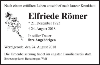 Traueranzeige von Elfriede Römer  von Magdeburger Volksstimme