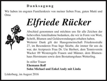 Traueranzeige von Elfriede Rücker  von Magdeburger Volksstimme