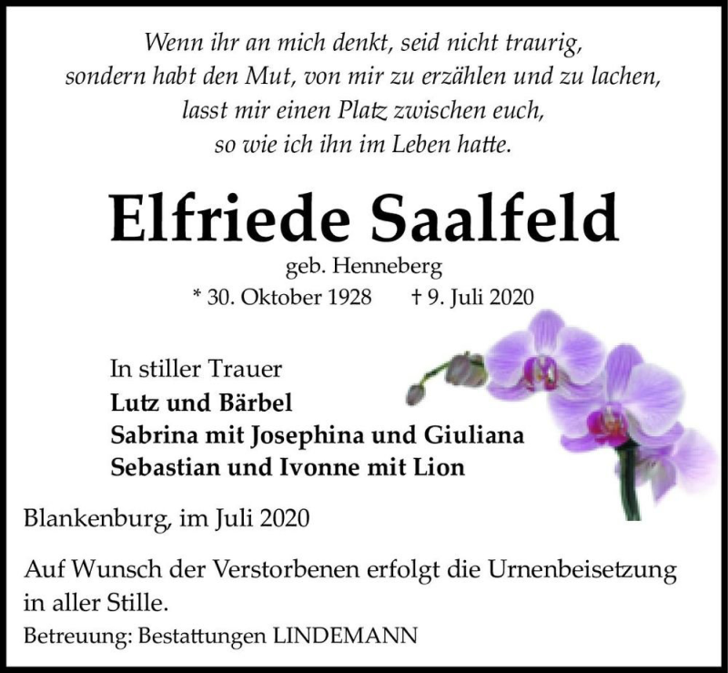  Traueranzeige für Elfriede Saalfeld (geb. Henneberg)  vom 18.07.2020 aus Magdeburger Volksstimme