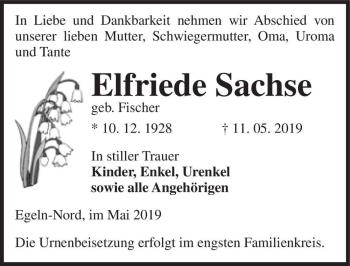 Traueranzeige von Elfriede Sachse (geb. Fischer)  von Magdeburger Volksstimme