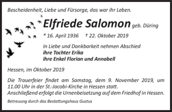Traueranzeige von Elfriede Salomon (geb. Düring)  von Magdeburger Volksstimme