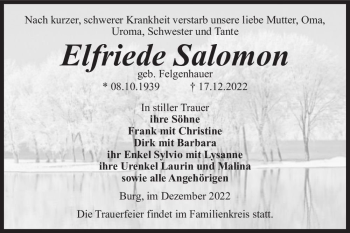 Traueranzeige von Elfriede Salomon (geb. Felgenhauer)  von Magdeburger Volksstimme