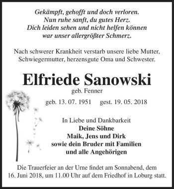 Traueranzeige von Elfriede Sanowski (geb. Fenner)  von Magdeburger Volksstimme