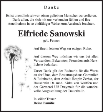 Traueranzeige von Elfriede Sanowski (geb. Fenner)  von Magdeburger Volksstimme