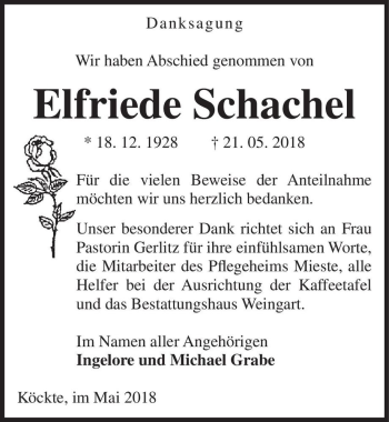 Traueranzeige von Elfriede Schachel  von Magdeburger Volksstimme