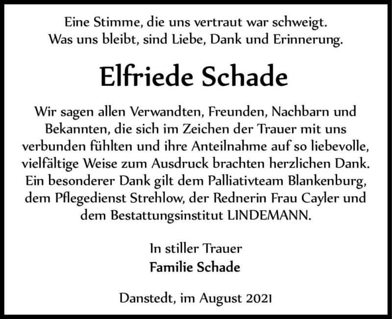  Traueranzeige für Elfriede Schade  vom 14.08.2021 aus Magdeburger Volksstimme