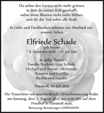 Traueranzeige von Elfriede Schade (geb. Hauser)  von Magdeburger Volksstimme