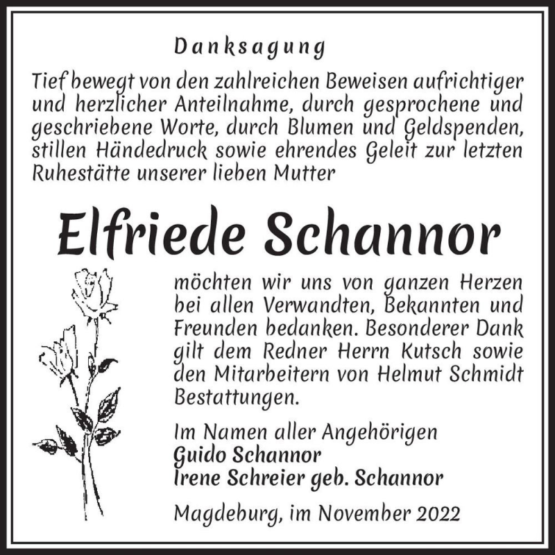  Traueranzeige für Elfriede Schannor  vom 12.11.2022 aus Magdeburger Volksstimme