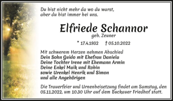 Traueranzeige von Elfriede Schannor (geb. Zeuner)  von Magdeburger Volksstimme