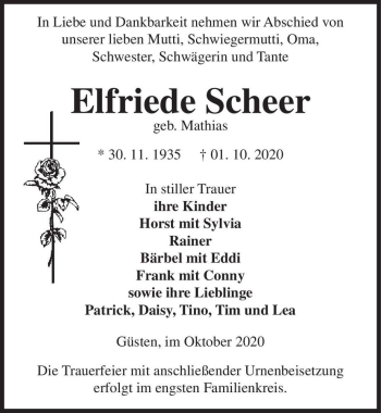 Traueranzeige von Elfriede Scheer (geb. Mathias)  von Magdeburger Volksstimme