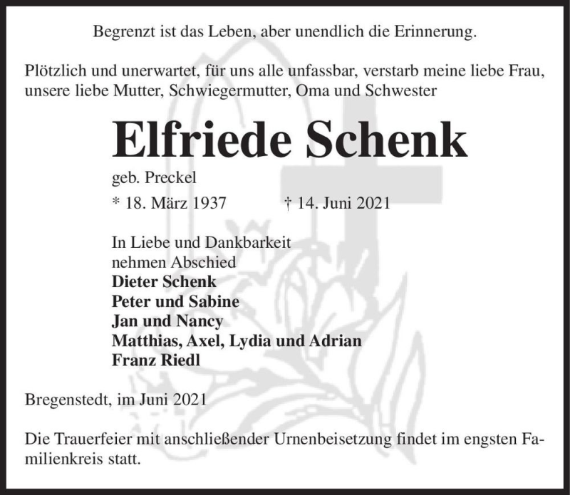  Traueranzeige für Elfriede Schenk (geb. Preckel)  vom 17.06.2021 aus Magdeburger Volksstimme
