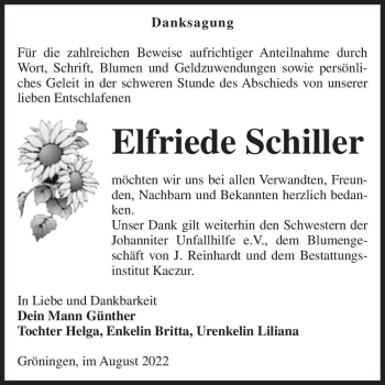 Traueranzeige von Elfriede Schiller  von Magdeburger Volksstimme