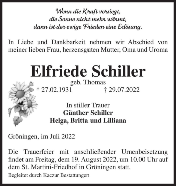 Traueranzeige von Elfriede Schiller (geb. Thomas)  von Magdeburger Volksstimme