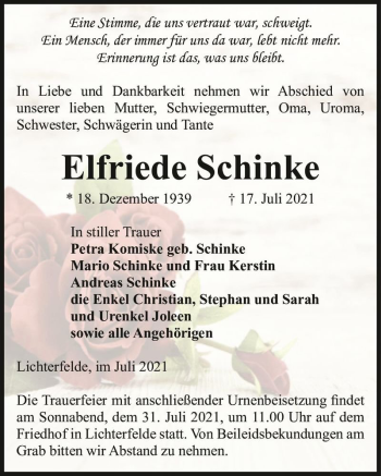 Traueranzeige von Elfriede Schinke  von Magdeburger Volksstimme