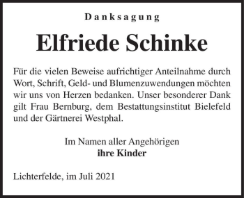 Traueranzeige von Elfriede Schinke  von Magdeburger Volksstimme