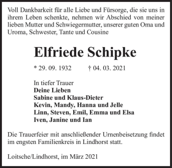 Traueranzeige von Elfriede Schipke  von Magdeburger Volksstimme