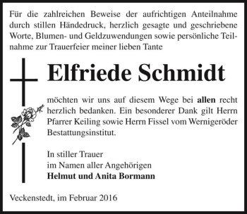 Traueranzeige von Elfriede Schmidt  von Magdeburger Volksstimme