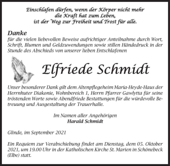 Traueranzeige von Elfriede Schmidt  von Magdeburger Volksstimme