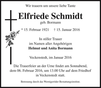 Traueranzeige von Elfriede Schmidt (geb. Bormann)  von Magdeburger Volksstimme