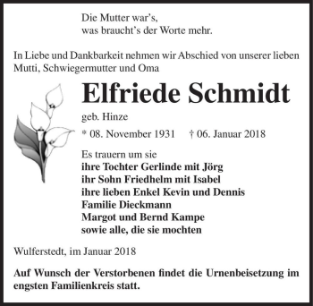 Traueranzeige von Elfriede Schmidt (geb. Hinze)  von Magdeburger Volksstimme