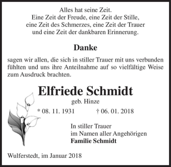 Traueranzeige von Elfriede Schmidt (geb. Hinze)  von Magdeburger Volksstimme