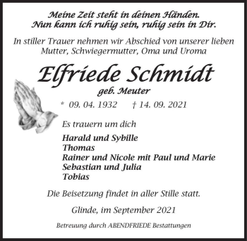 Traueranzeige von Elfriede Schmidt (geb. Meuter)  von Magdeburger Volksstimme
