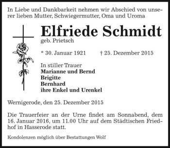 Traueranzeige von Elfriede Schmidt (geb. Prietsch)  von Magdeburger Volksstimme