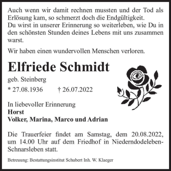 Traueranzeige von Elfriede Schmidt (geb. Steinberg)  von Magdeburger Volksstimme