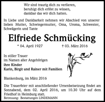 Traueranzeige von Elfriede Schmücking  von Magdeburger Volksstimme