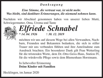 Traueranzeige von Elfriede Schnabel  von Magdeburger Volksstimme