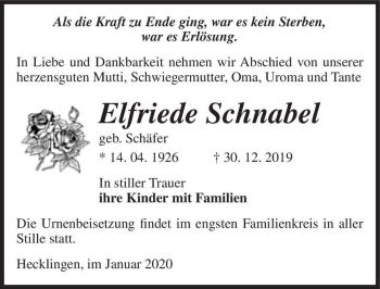 Traueranzeige von Elfriede Schnabel (geb. Schäfer)  von Magdeburger Volksstimme
