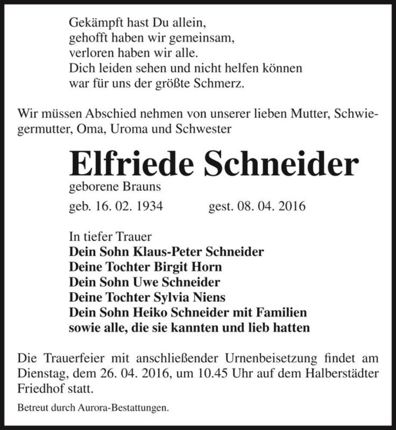  Traueranzeige für Elfriede Schneider (geb. Brauns)  vom 16.04.2016 aus Magdeburger Volksstimme