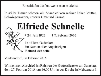 Traueranzeige von Elfriede Schnelle  von Magdeburger Volksstimme