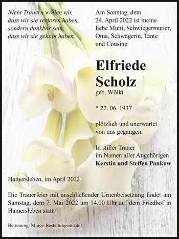 Traueranzeige von Elfriede Scholz (geb. Wölki)  von Magdeburger Volksstimme