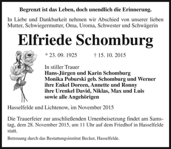 Traueranzeige von Elfriede Schomburg  von Magdeburger Volksstimme