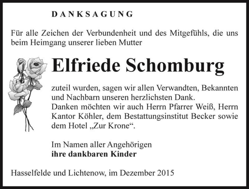  Traueranzeige für Elfriede Schomburg  vom 05.12.2015 aus Magdeburger Volksstimme