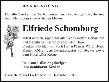 Traueranzeige von Elfriede Schomburg  von Magdeburger Volksstimme