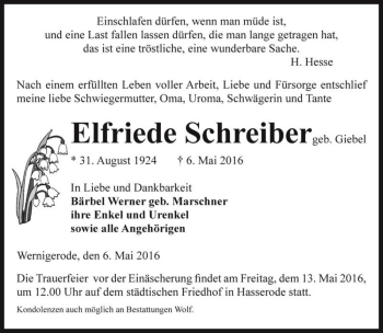 Traueranzeige von Elfriede Schreiber (geb. Giebel)  von Magdeburger Volksstimme