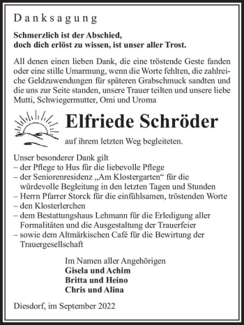 Traueranzeige von Elfriede Schröder  von Magdeburger Volksstimme