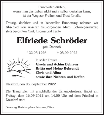 Traueranzeige von Elfriede Schröder (geb. Dannehl)  von Magdeburger Volksstimme