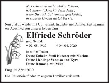 Traueranzeige von Elfriede Schröder (geb. Schink)  von Magdeburger Volksstimme