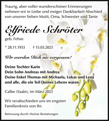 Traueranzeige von Elfriede Schröter (geb. Fehse)  von Magdeburger Volksstimme