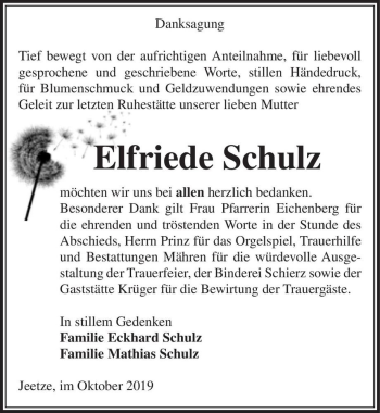 Traueranzeige von Elfriede Schulz  von Magdeburger Volksstimme