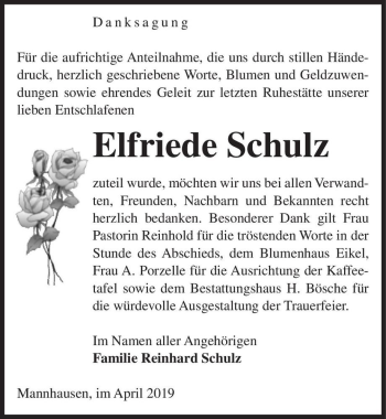 Traueranzeige von Elfriede Schulz  von Magdeburger Volksstimme
