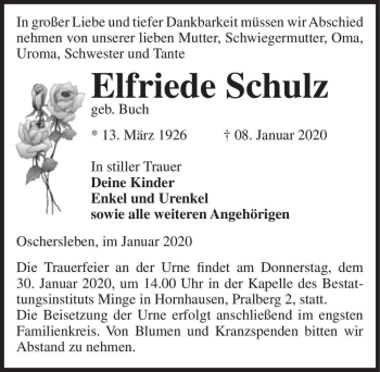 Traueranzeige von Elfriede Schulz (geb. Buch)  von Magdeburger Volksstimme