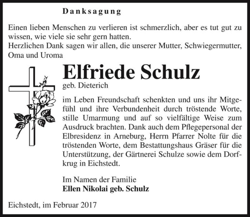 Traueranzeige für Elfriede Schulz (geb. Dieterichim)  vom 15.02.2017 aus Magdeburger Volksstimme