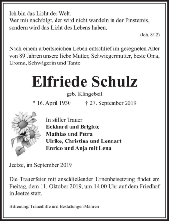 Traueranzeige von Elfriede Schulz (geb. Klingebeil)  von Magdeburger Volksstimme