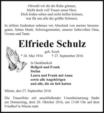 Traueranzeige von Elfriede Schulz (geb. Koch)  von Magdeburger Volksstimme